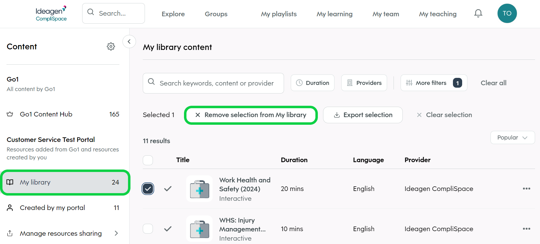 Remove selection from My library.png
