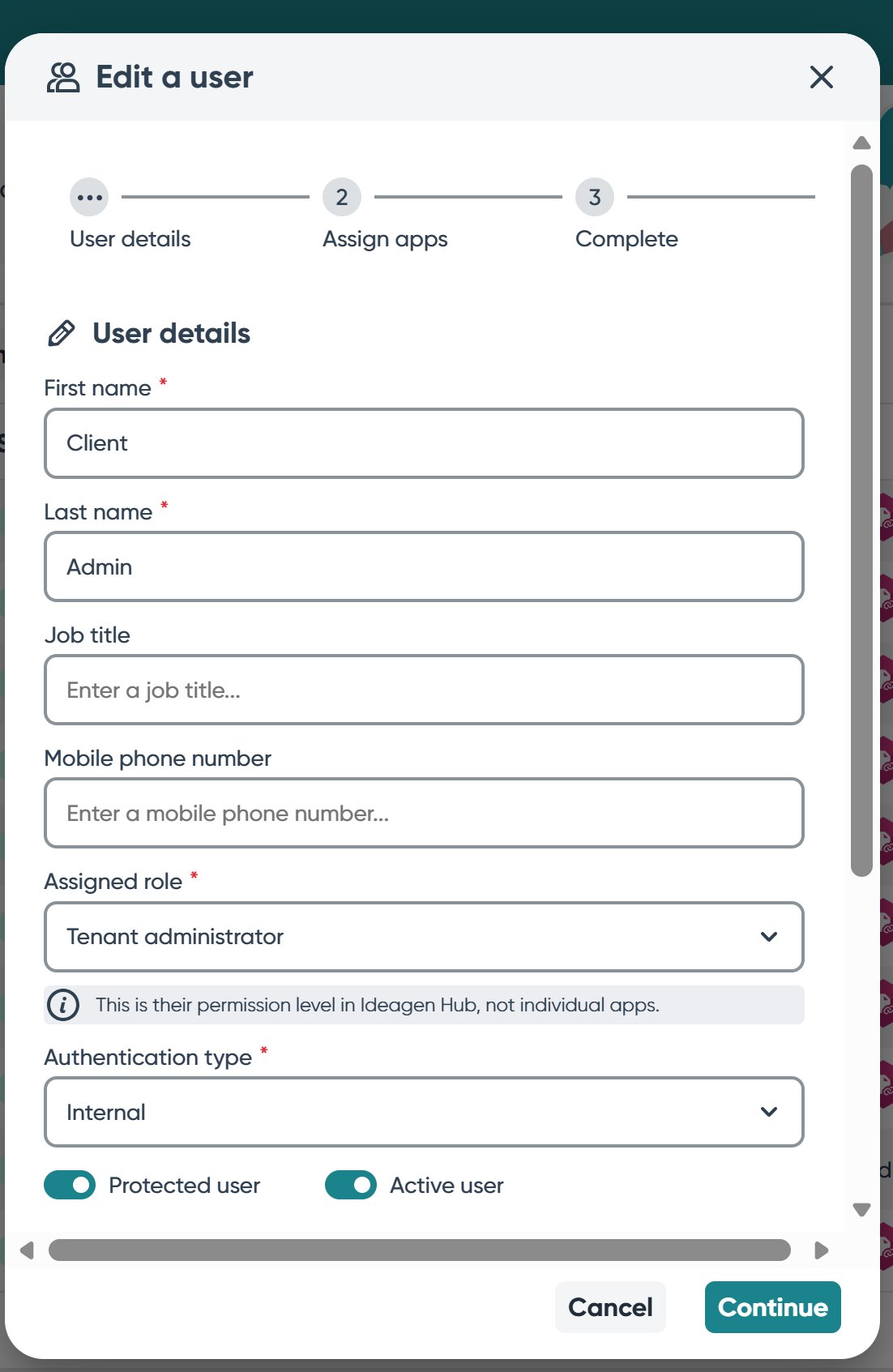 Create user — User details form