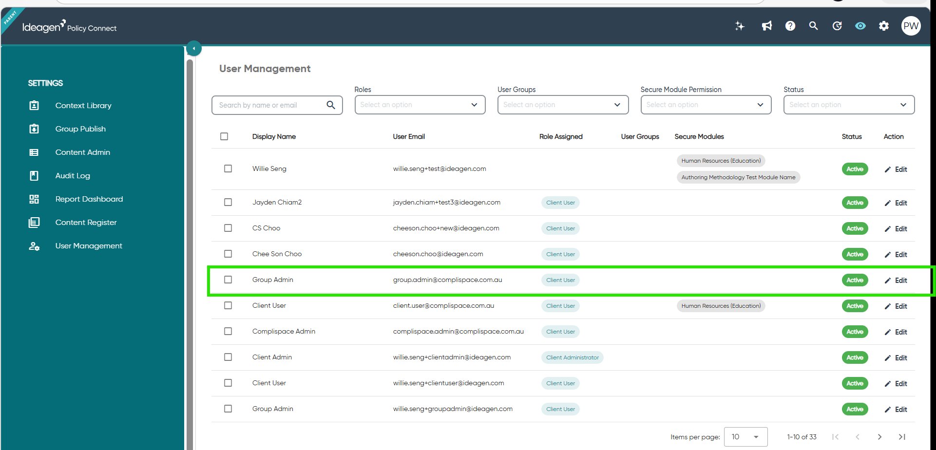 PolicyConnect Settings — User Management