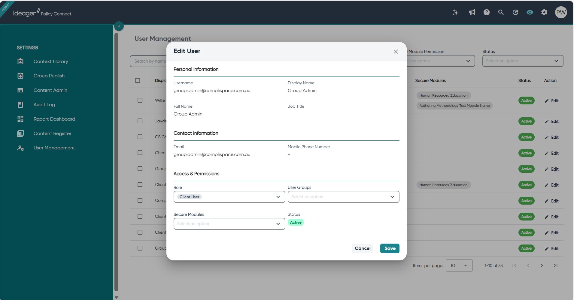 Edit User — assign Role, User Groups, and Secure Modules