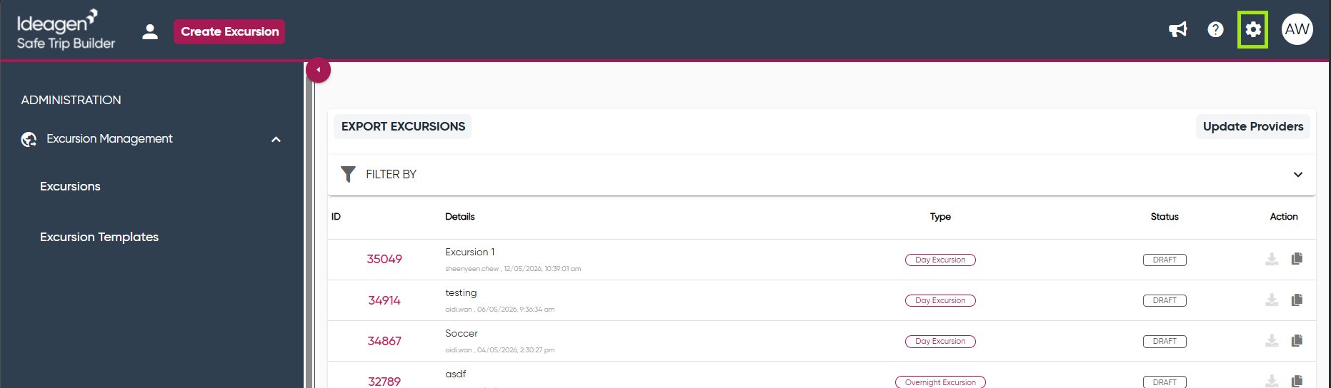 SafeTripBuilder — select the Settings icon