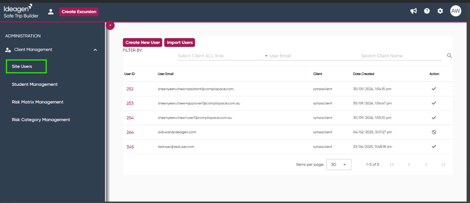 SafeTripBuilder — Client Management > Site Users